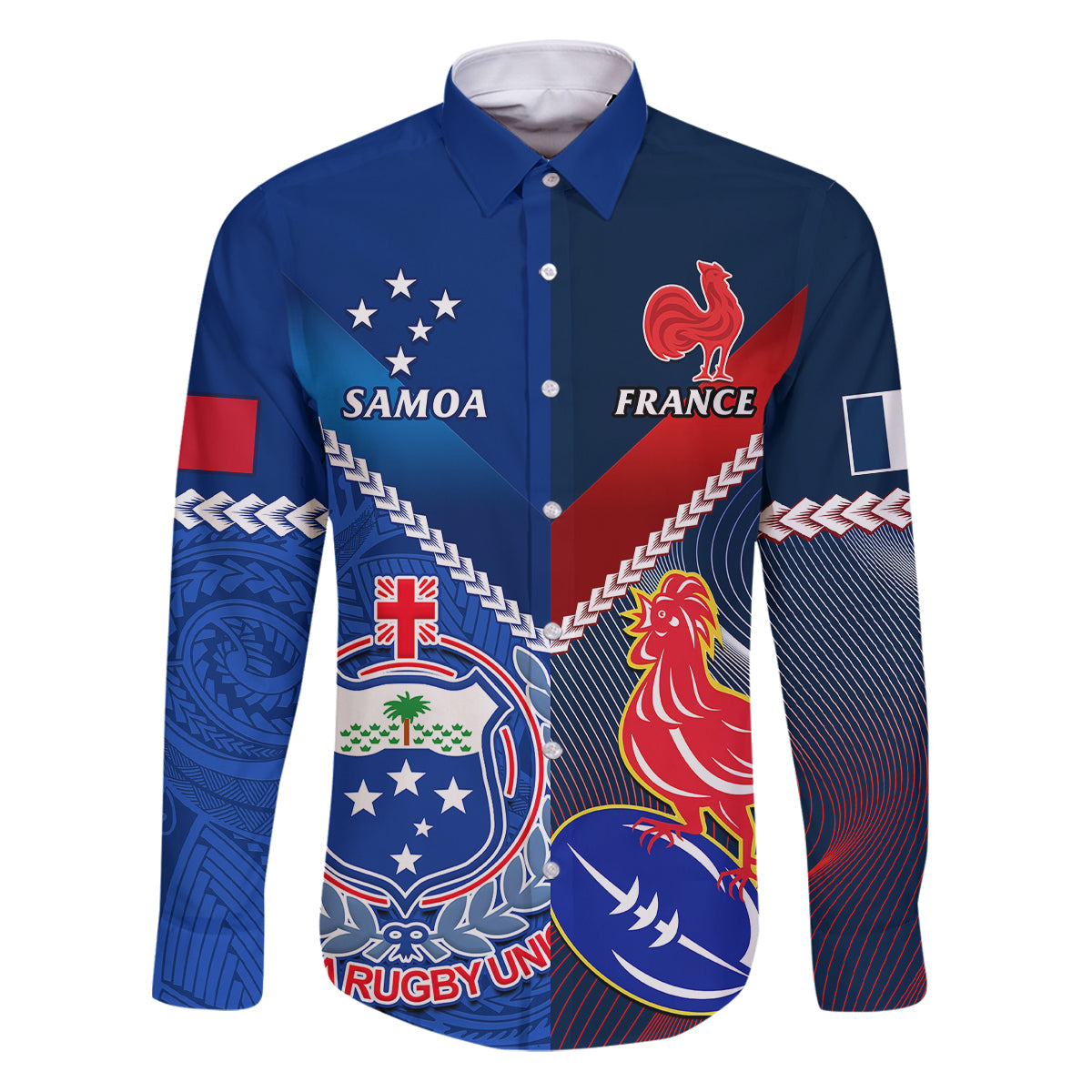 Custom Samoa And France Rugby Family Matching Puletasi Dress and Hawaiian Shirt 2023 World Cup Manu Samoa With Les Bleus LT14 Dad's Shirt - Long Sleeve Blue - Polynesian Pride