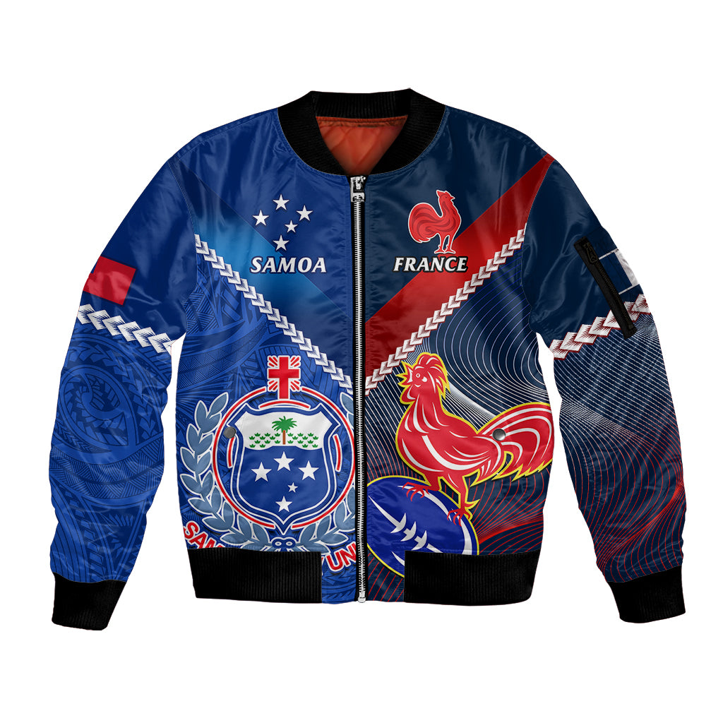 Custom Samoa And France Rugby Sleeve Zip Bomber Jacket 2023 World Cup Manu Samoa With Les Bleus LT14 Unisex Blue - Polynesian Pride