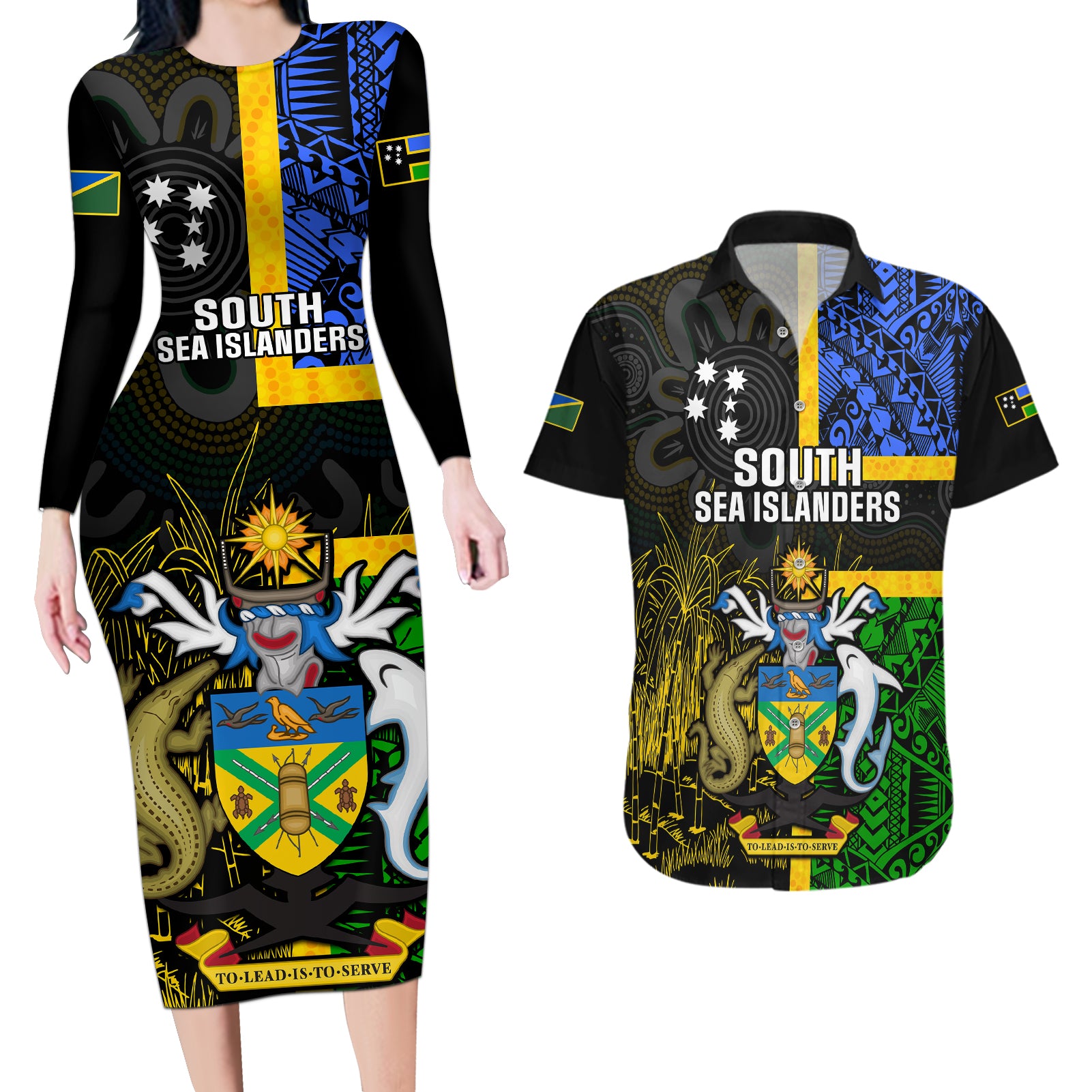 South Sea Islanders Couples Matching Long Sleeve Bodycon Dress and Hawaiian Shirt Kanakas With Solomon Islands Coat Of Arms LT14 Black - Polynesian Pride