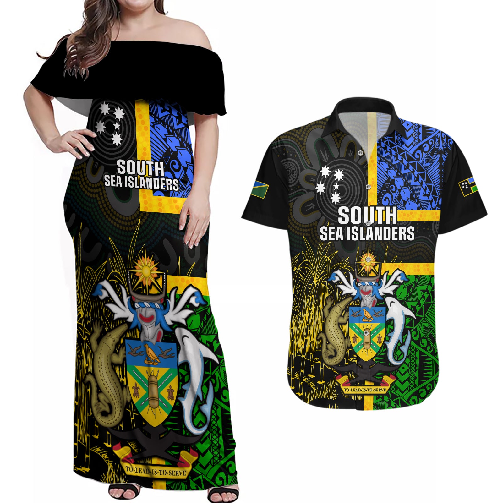 South Sea Islanders Couples Matching Off Shoulder Maxi Dress and Hawaiian Shirt Kanakas With Solomon Islands Coat Of Arms LT14 Black - Polynesian Pride