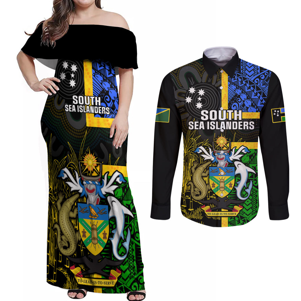 South Sea Islanders Couples Matching Off Shoulder Maxi Dress and Long Sleeve Button Shirts Kanakas With Solomon Islands Coat Of Arms LT14 Black - Polynesian Pride