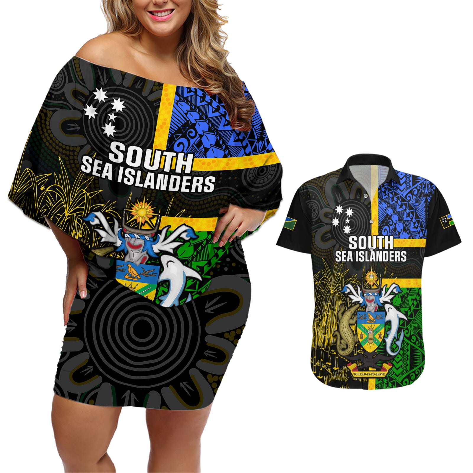 South Sea Islanders Couples Matching Off Shoulder Short Dress and Hawaiian Shirt Kanakas With Solomon Islands Coat Of Arms LT14 Black - Polynesian Pride