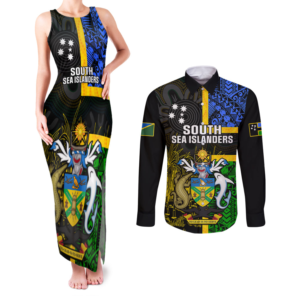 South Sea Islanders Couples Matching Tank Maxi Dress and Long Sleeve Button Shirts Kanakas With Solomon Islands Coat Of Arms LT14 Black - Polynesian Pride