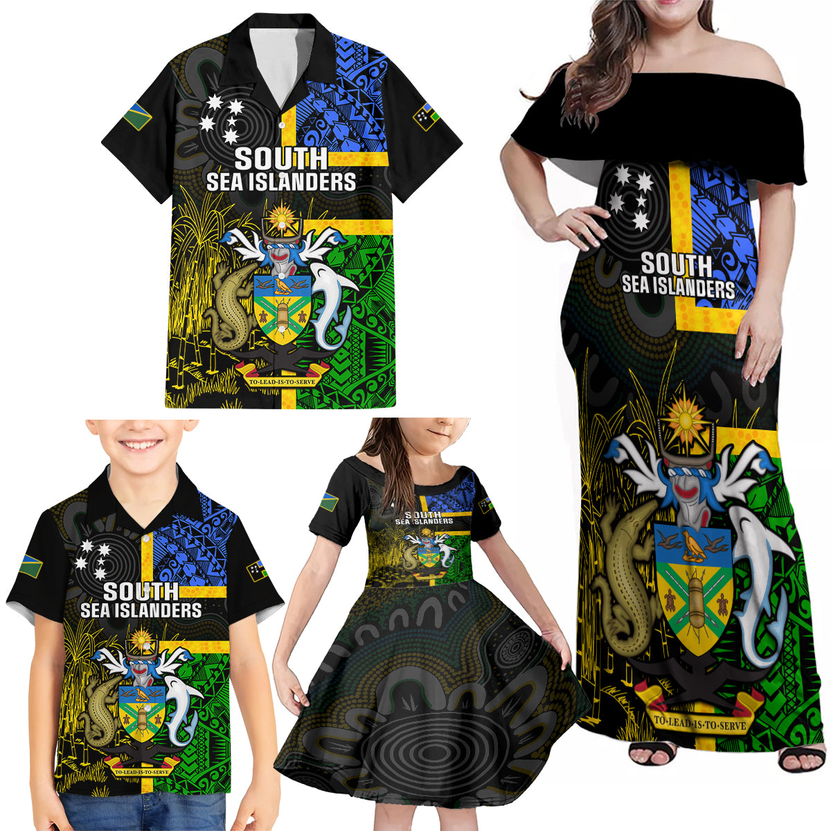 South Sea Islanders Family Matching Off Shoulder Maxi Dress and Hawaiian Shirt Kanakas With Solomon Islands Coat Of Arms LT14 Black - Polynesian Pride