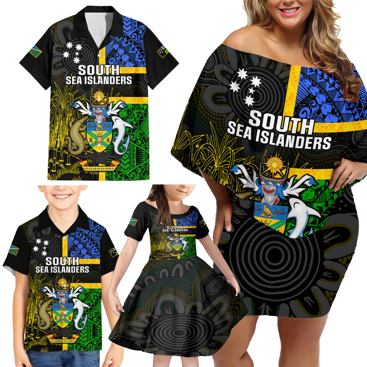 South Sea Islanders Family Matching Off Shoulder Short Dress and Hawaiian Shirt Kanakas With Solomon Islands Coat Of Arms LT14 Black - Polynesian Pride