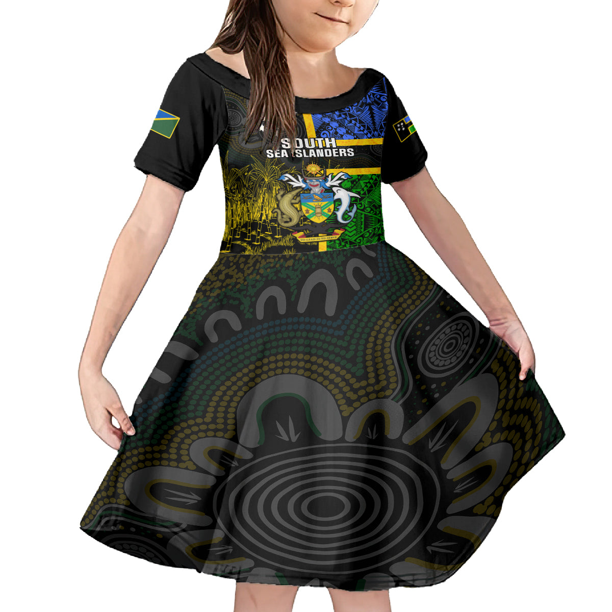 South Sea Islanders Kid Short Sleeve Dress Kanakas With Solomon Islands Coat Of Arms LT14 KID Black - Polynesian Pride