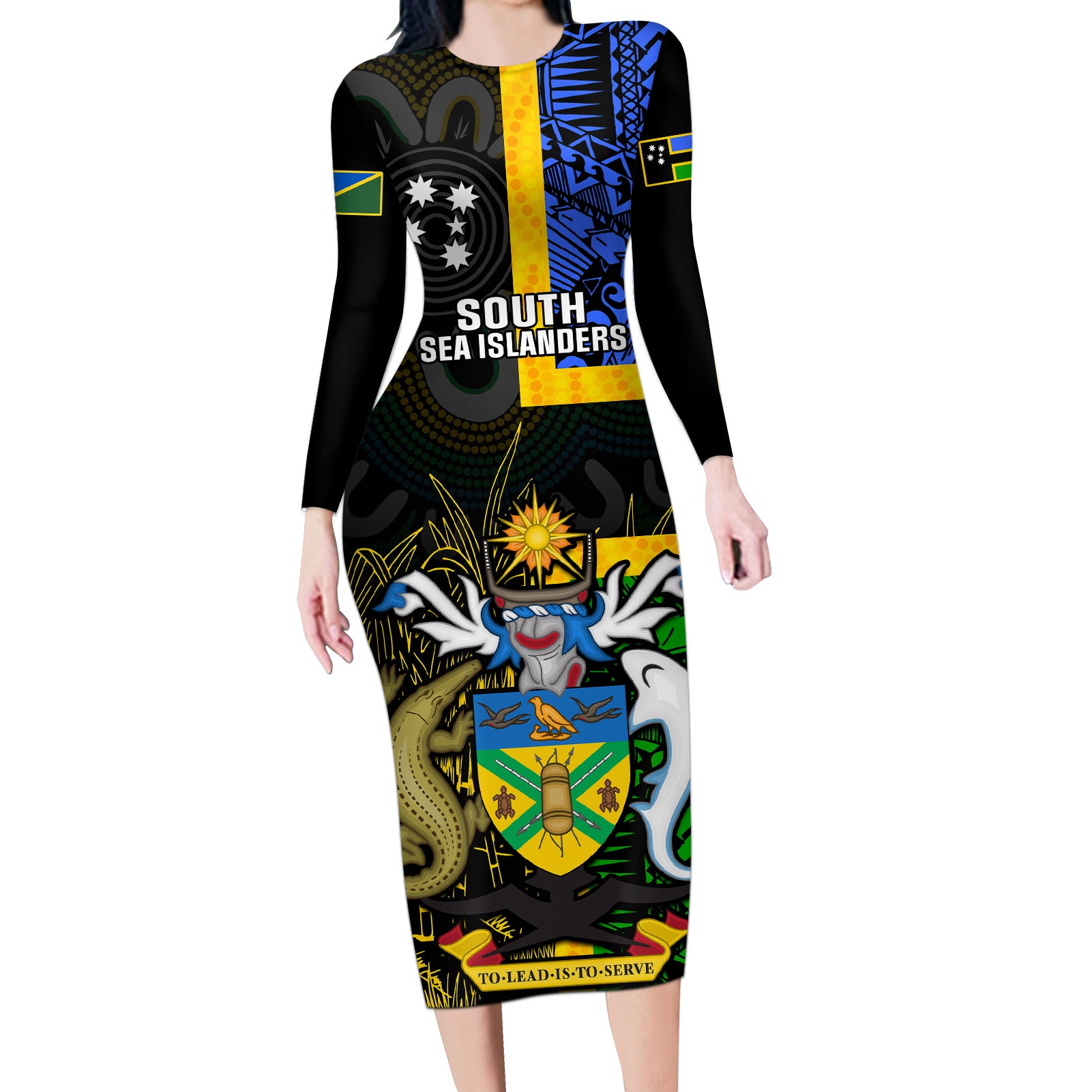 South Sea Islanders Long Sleeve Bodycon Dress Kanakas With Solomon Islands Coat Of Arms LT14 Long Dress Black - Polynesian Pride