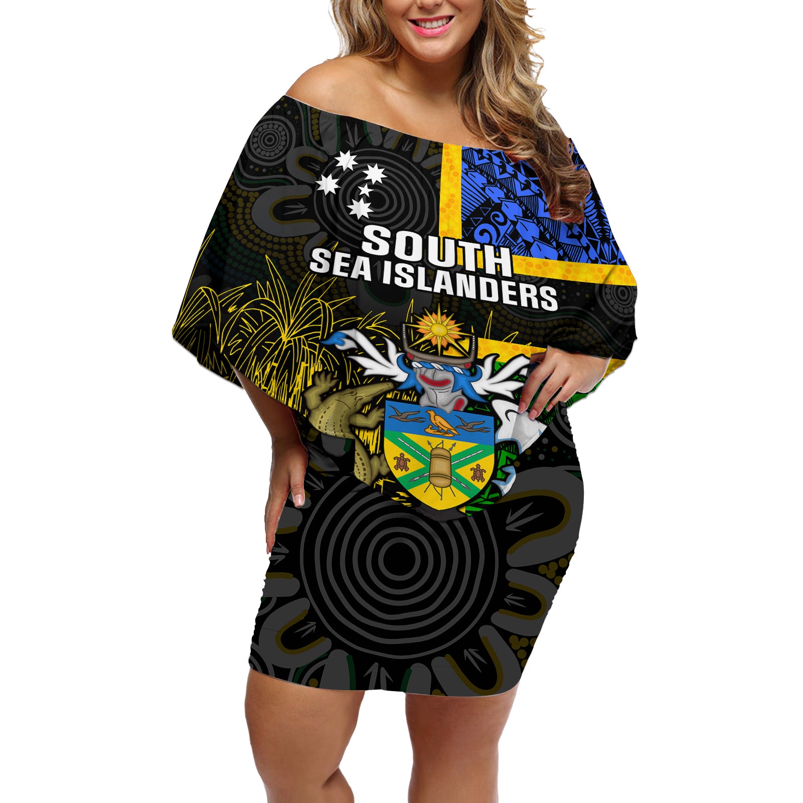 South Sea Islanders Off Shoulder Short Dress Kanakas With Solomon Islands Coat Of Arms LT14 Women Black - Polynesian Pride