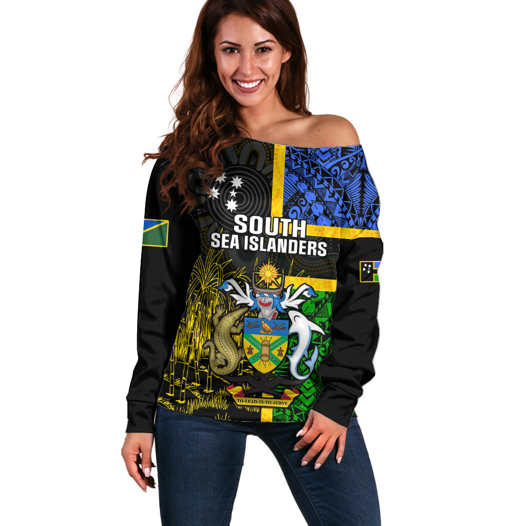 South Sea Islanders Off Shoulder Sweater Kanakas With Solomon Islands Coat Of Arms LT14 Women Black - Polynesian Pride