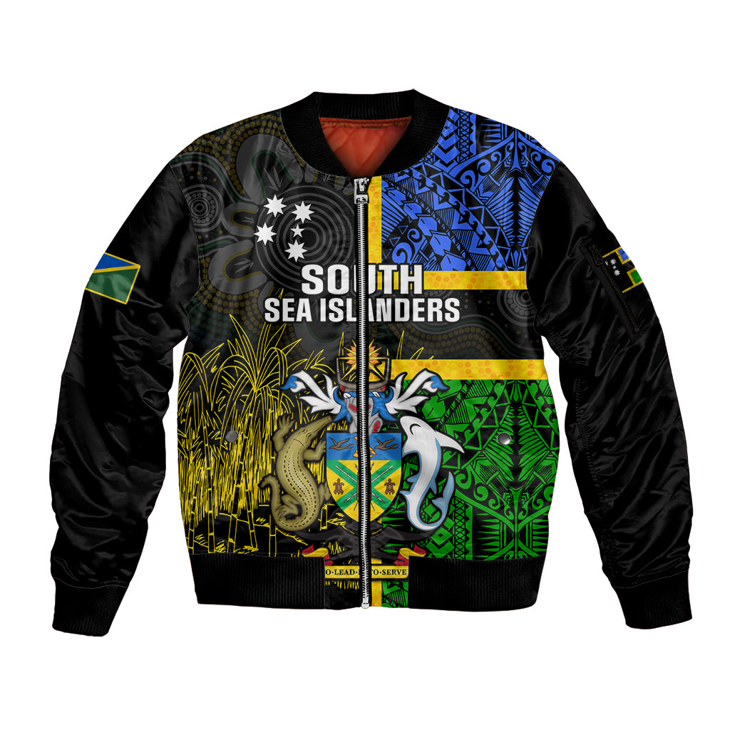 South Sea Islanders Sleeve Zip Bomber Jacket Kanakas With Solomon Islands Coat Of Arms LT14 Unisex Black - Polynesian Pride