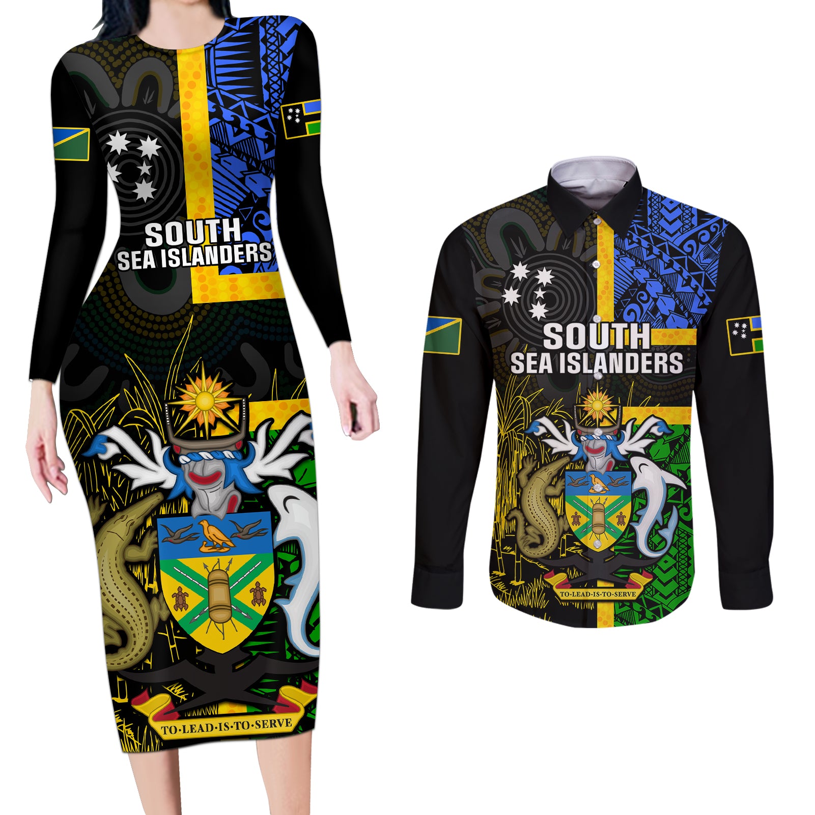 personalised-south-sea-islanders-couples-matching-long-sleeve-bodycon-dress-and-long-sleeve-button-shirts-kanakas-with-solomon-islands-coat-of-arms