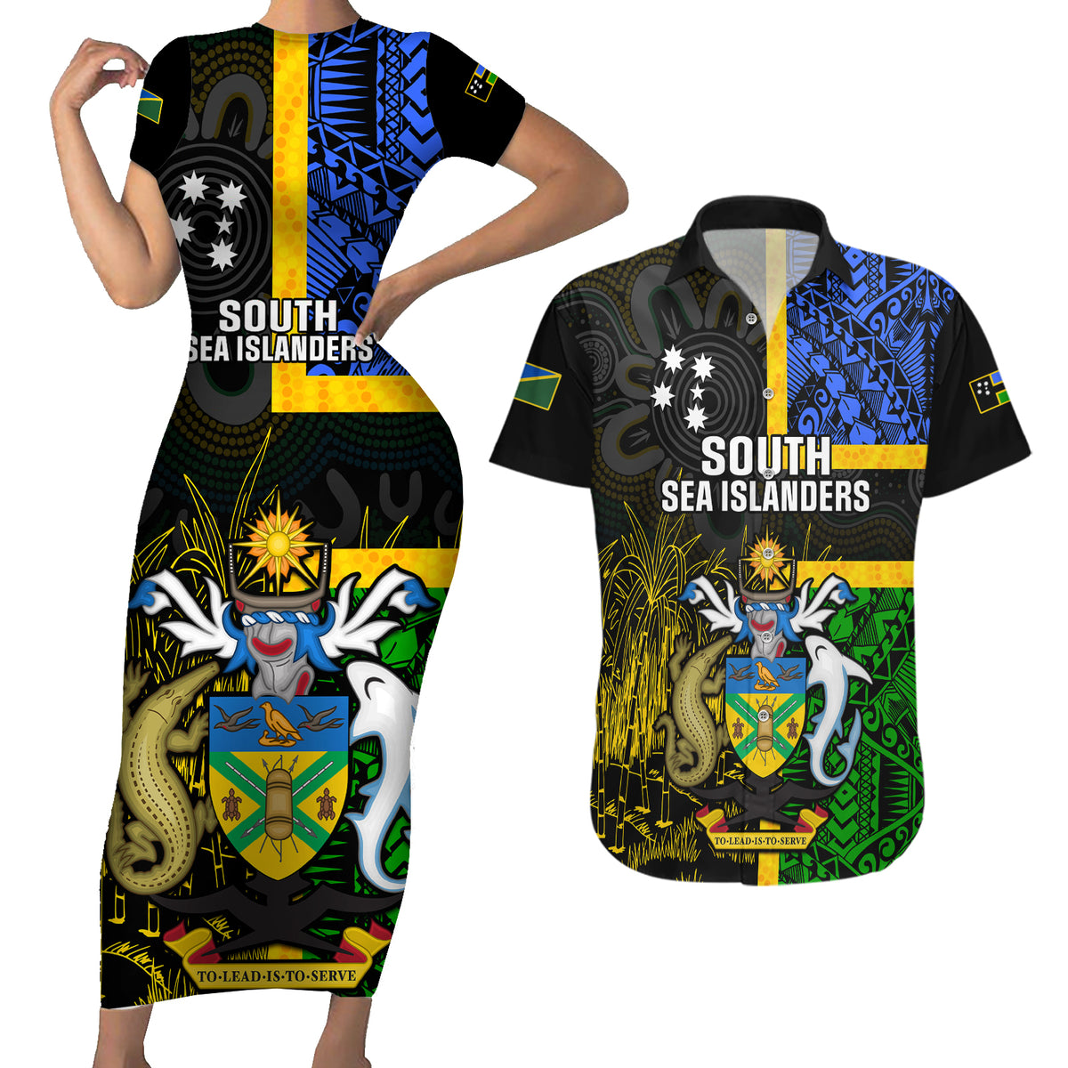 Personalised South Sea Islanders Couples Matching Short Sleeve Bodycon Dress and Hawaiian Shirt Kanakas With Solomon Islands Coat Of Arms LT14 Black - Polynesian Pride