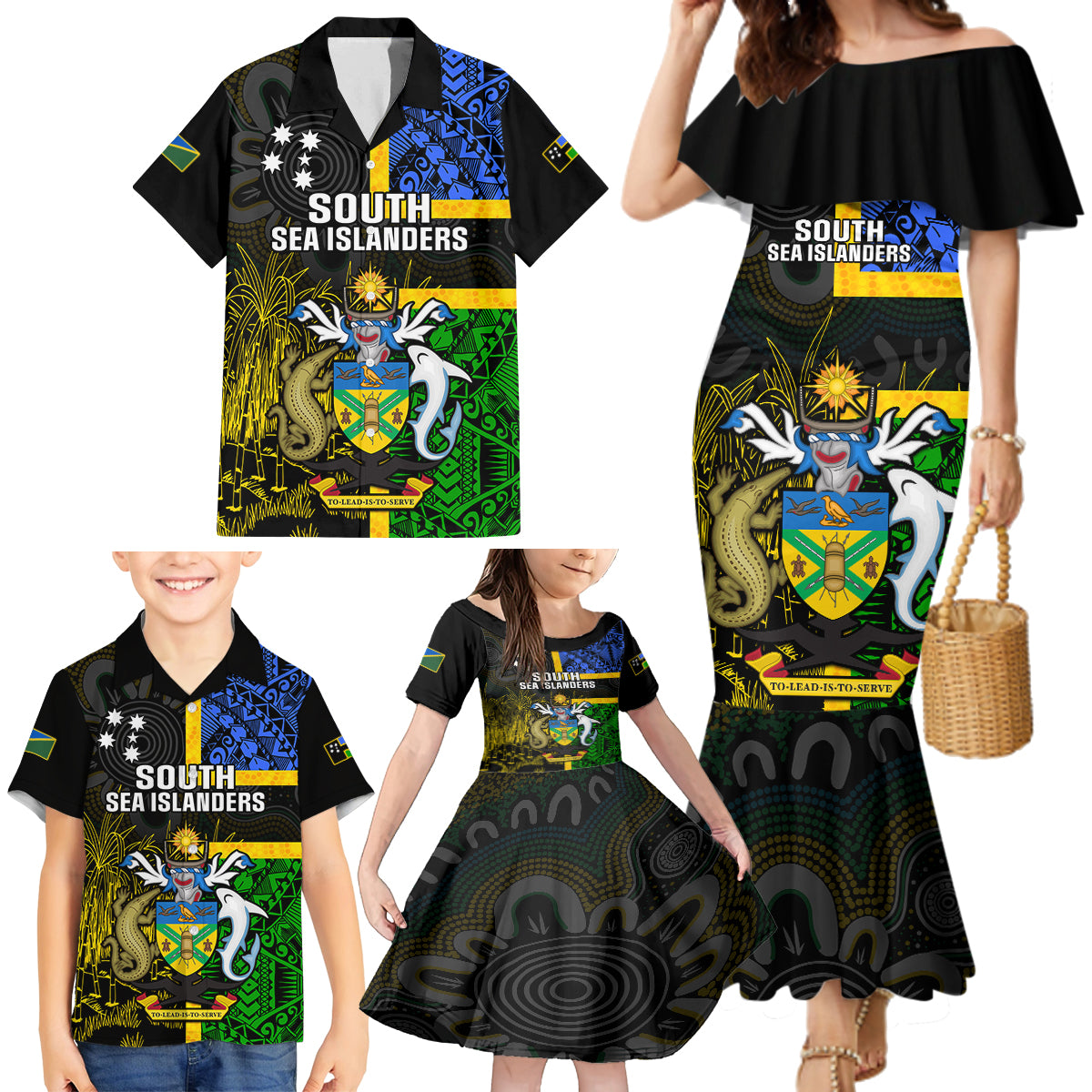 personalised-south-sea-islanders-family-matching-mermaid-dress-and-hawaiian-shirt-kanakas-with-solomon-islands-coat-of-arms