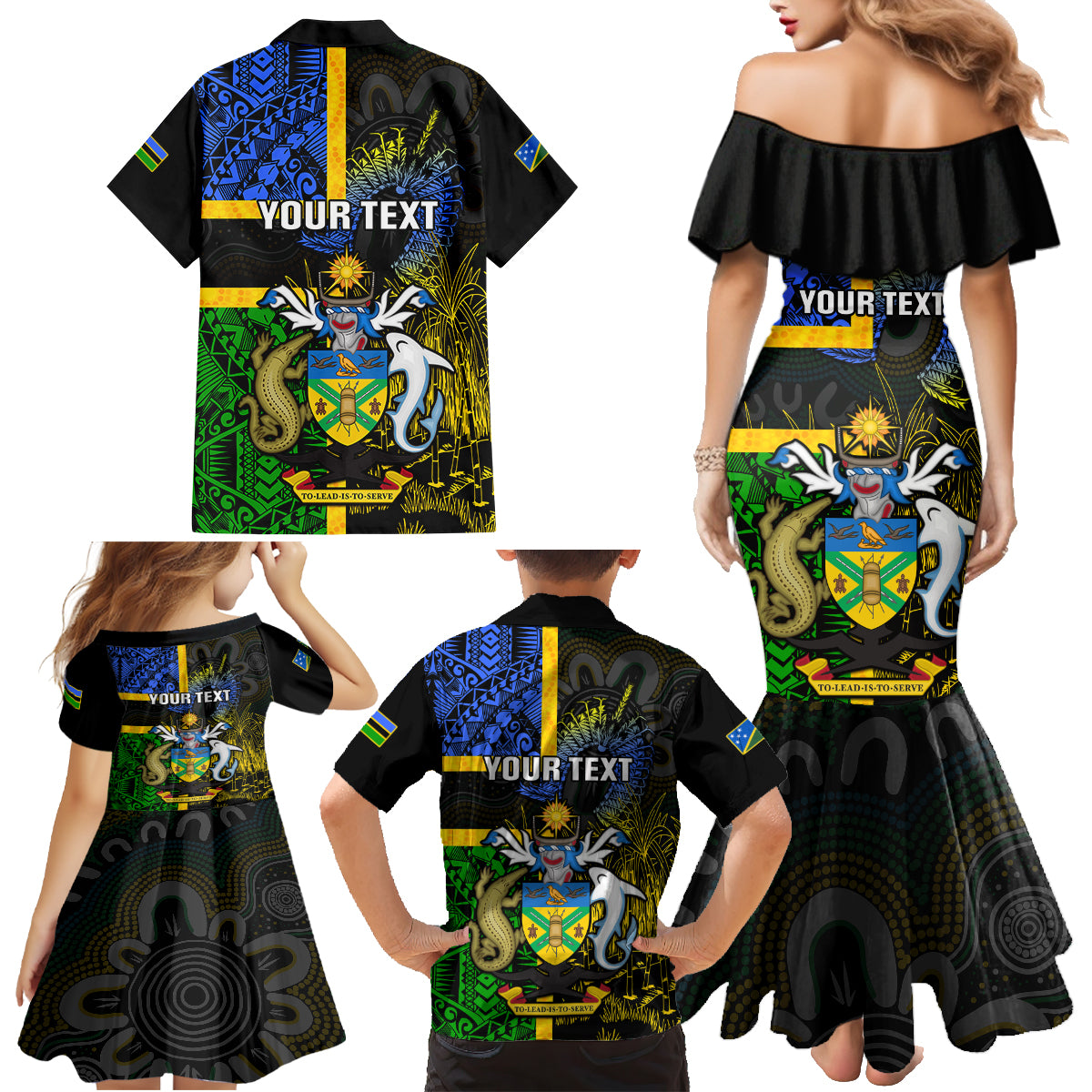 personalised-south-sea-islanders-family-matching-mermaid-dress-and-hawaiian-shirt-kanakas-with-solomon-islands-coat-of-arms