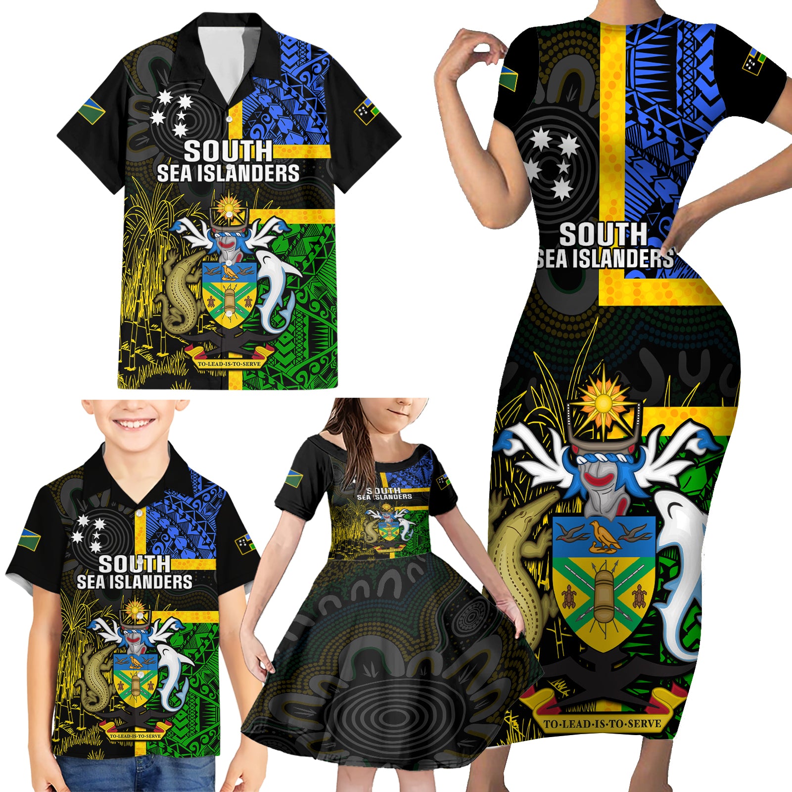 personalised-south-sea-islanders-family-matching-short-sleeve-bodycon-dress-and-hawaiian-shirt-kanakas-with-solomon-islands-coat-of-arms