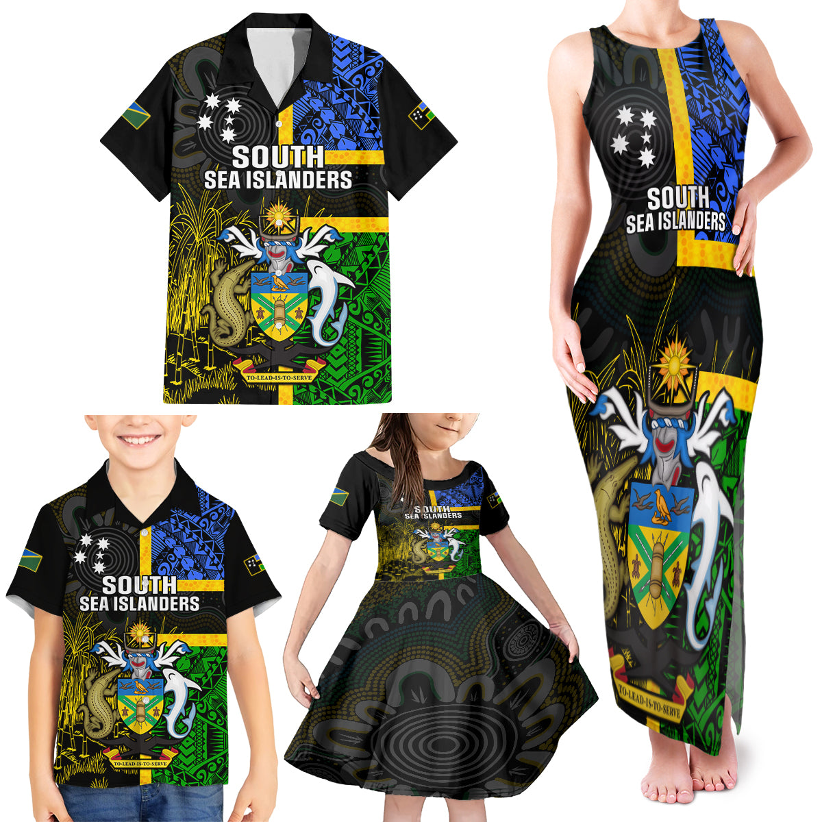 personalised-south-sea-islanders-family-matching-tank-maxi-dress-and-hawaiian-shirt-kanakas-with-solomon-islands-coat-of-arms