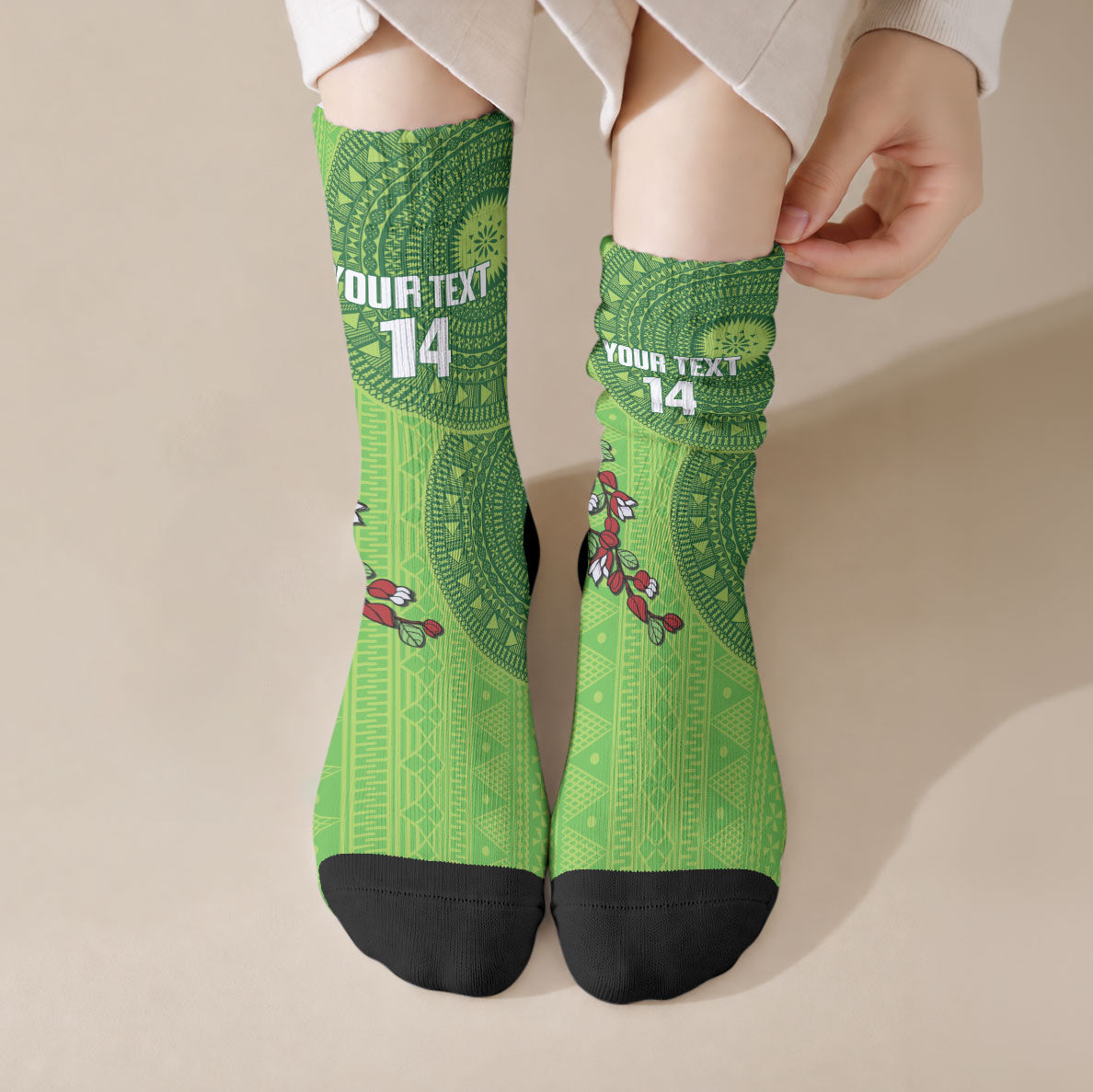Taveuni Fiji 2026 Rugby Custom Crew Socks Tagimoucia Fijian Tapa Pattern LT14 Crew Socks Green - Polynesian Pride