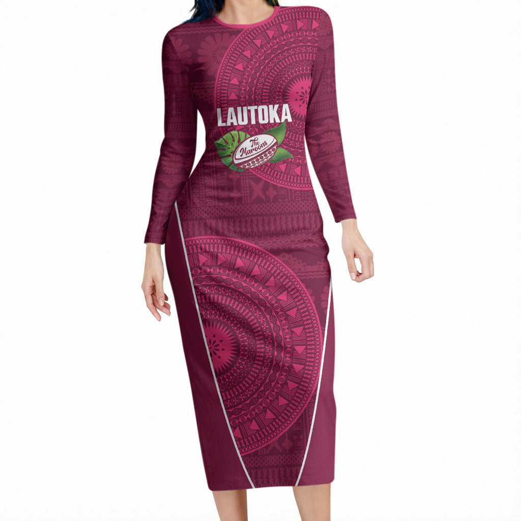 Lautoka Fiji 2026 Rugby Custom Long Sleeve Bodycon Dress Go Maroons Fijian Tapa Pattern