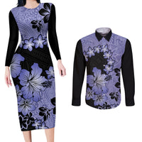 Purple Hawaii Couples Matching Long Sleeve Bodycon Dress and Long Sleeve Button Shirt Tapa Cloth Mix Tropical Flowers Pastel Vibes LT14 Purple - Polynesian Pride