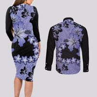 Purple Hawaii Couples Matching Long Sleeve Bodycon Dress and Long Sleeve Button Shirt Tapa Cloth Mix Tropical Flowers Pastel Vibes LT14 - Polynesian Pride