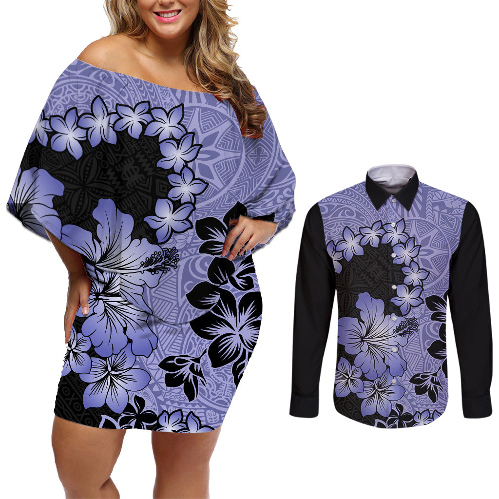 Purple Hawaii Couples Matching Off Shoulder Short Dress and Long Sleeve Button Shirt Tapa Cloth Mix Tropical Flowers Pastel Vibes LT14 Purple - Polynesian Pride