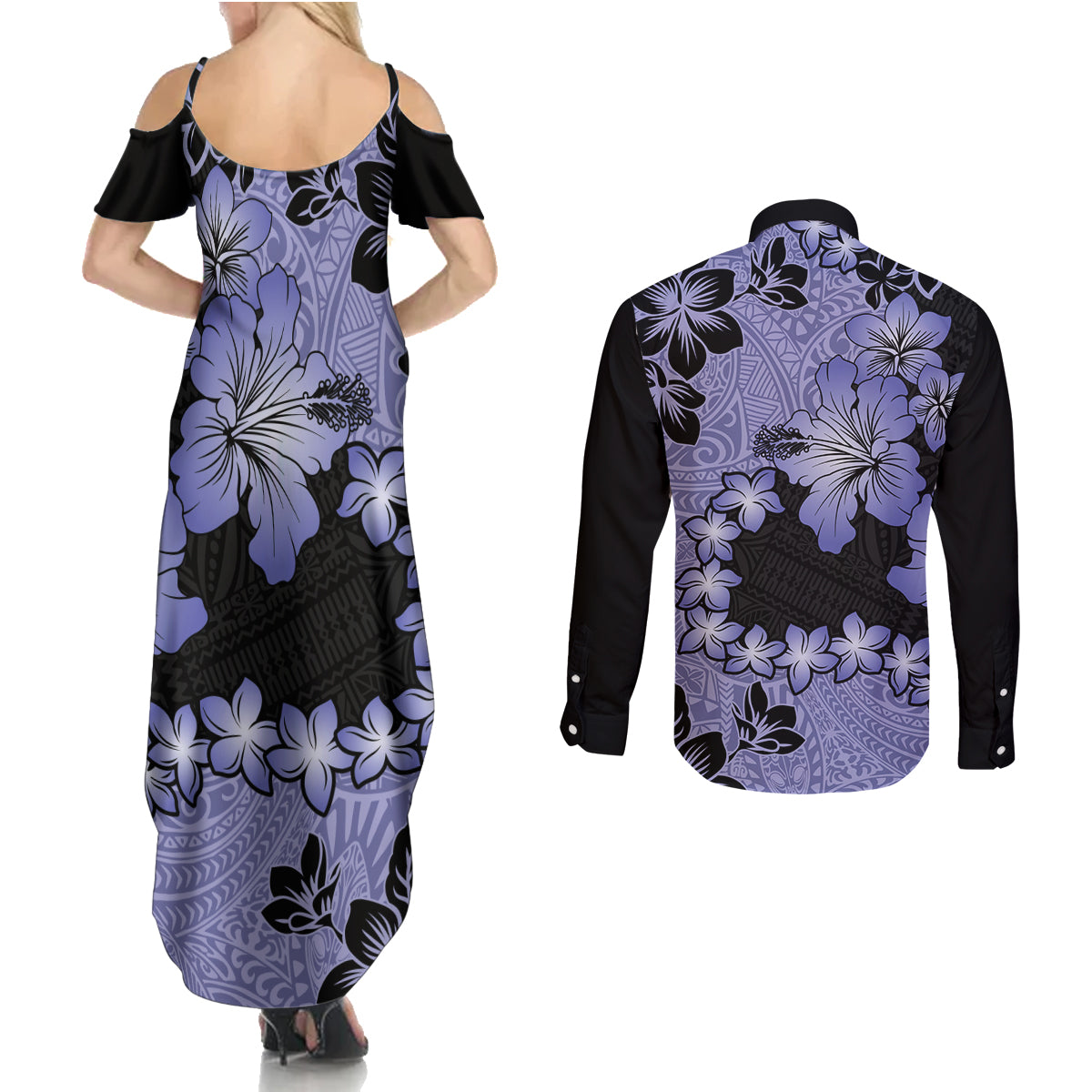 Purple Hawaii Couples Matching Summer Maxi Dress and Long Sleeve Button Shirt Tapa Cloth Mix Tropical Flowers Pastel Vibes LT14 - Polynesian Pride