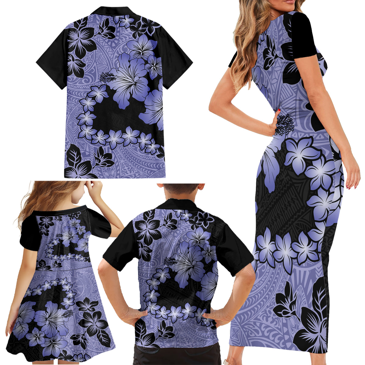 Purple Hawaii Family Matching Short Sleeve Bodycon Dress and Hawaiian Shirt Tapa Cloth Mix Tropical Flowers Pastel Vibes LT14 - Polynesian Pride