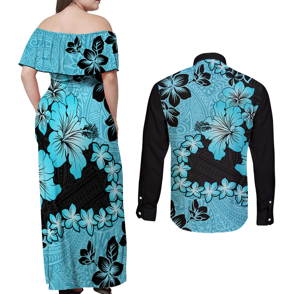 Blue Hawaii Couples Matching Off Shoulder Maxi Dress and Long Sleeve Button Shirt Tapa Cloth Mix Tropical Flowers Pastel Vibes LT14 - Polynesian Pride