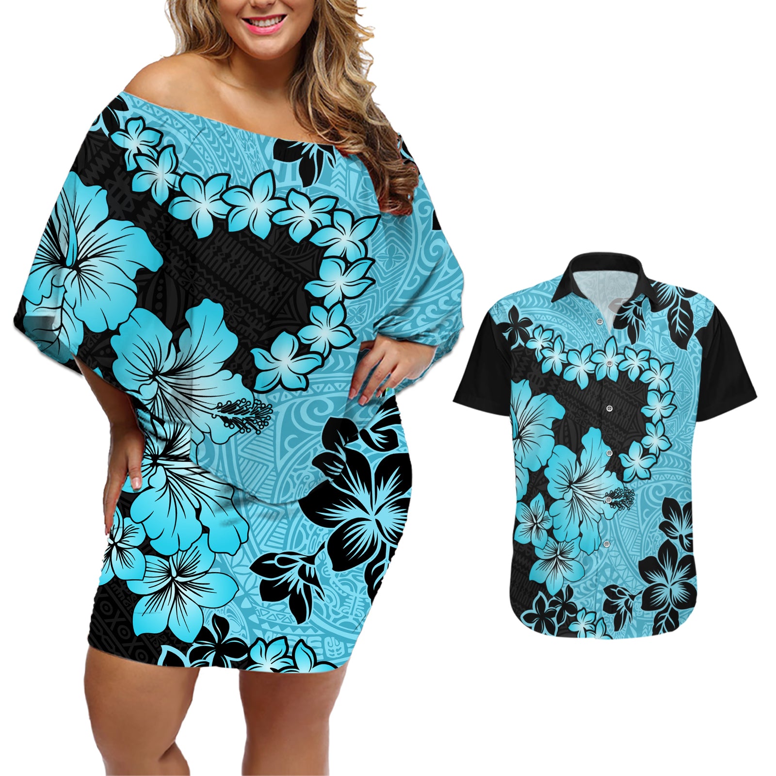 Blue Hawaii Couples Matching Off Shoulder Short Dress and Hawaiian Shirt Tapa Cloth Mix Tropical Flowers Pastel Vibes LT14 Blue - Polynesian Pride