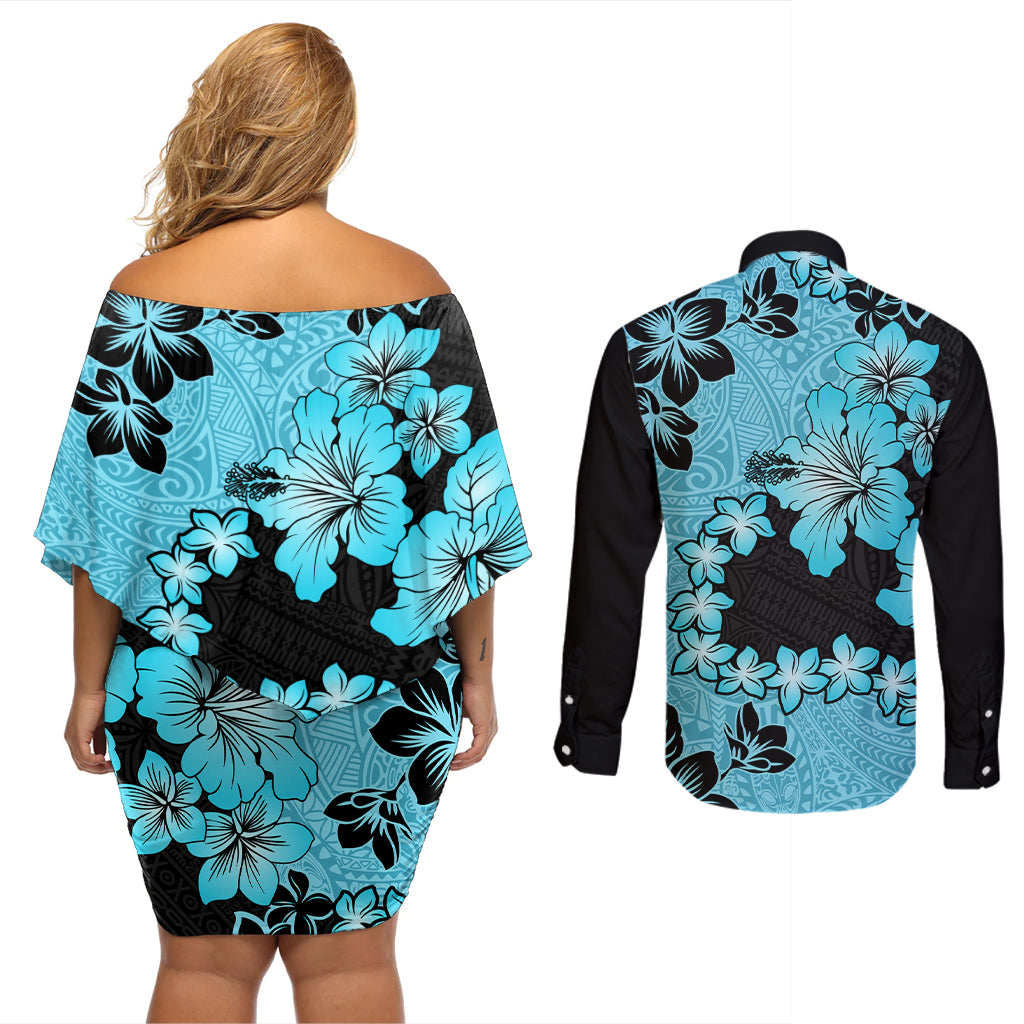Blue Hawaii Couples Matching Off Shoulder Short Dress and Long Sleeve Button Shirt Tapa Cloth Mix Tropical Flowers Pastel Vibes LT14 - Polynesian Pride