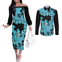 Blue Hawaii Couples Matching Off The Shoulder Long Sleeve Dress and Long Sleeve Button Shirt Tapa Cloth Mix Tropical Flowers Pastel Vibes LT14 Blue - Polynesian Pride