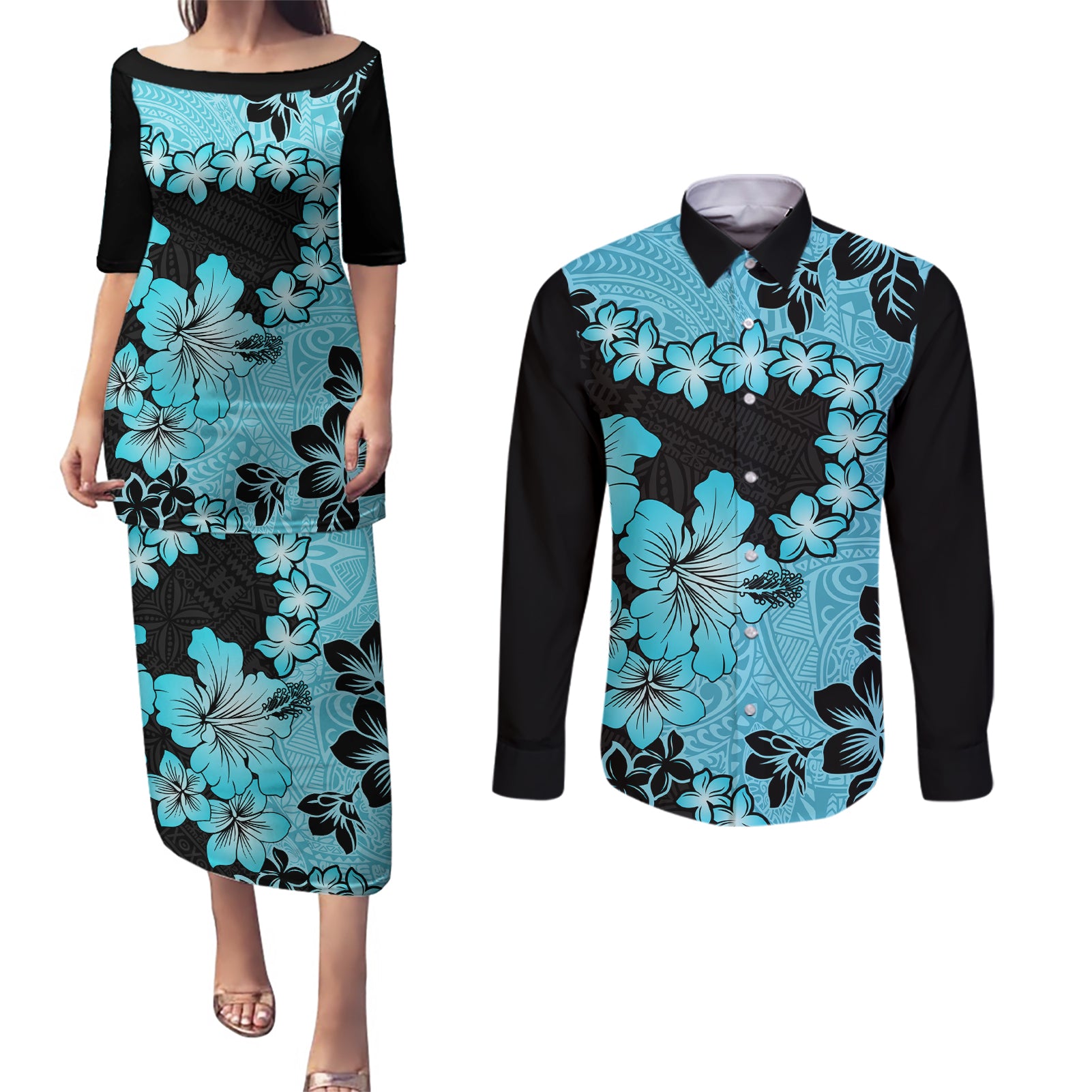 Blue Hawaii Couples Matching Puletasi Dress and Long Sleeve Button Shirt Tapa Cloth Mix Tropical Flowers Pastel Vibes LT14 Blue - Polynesian Pride