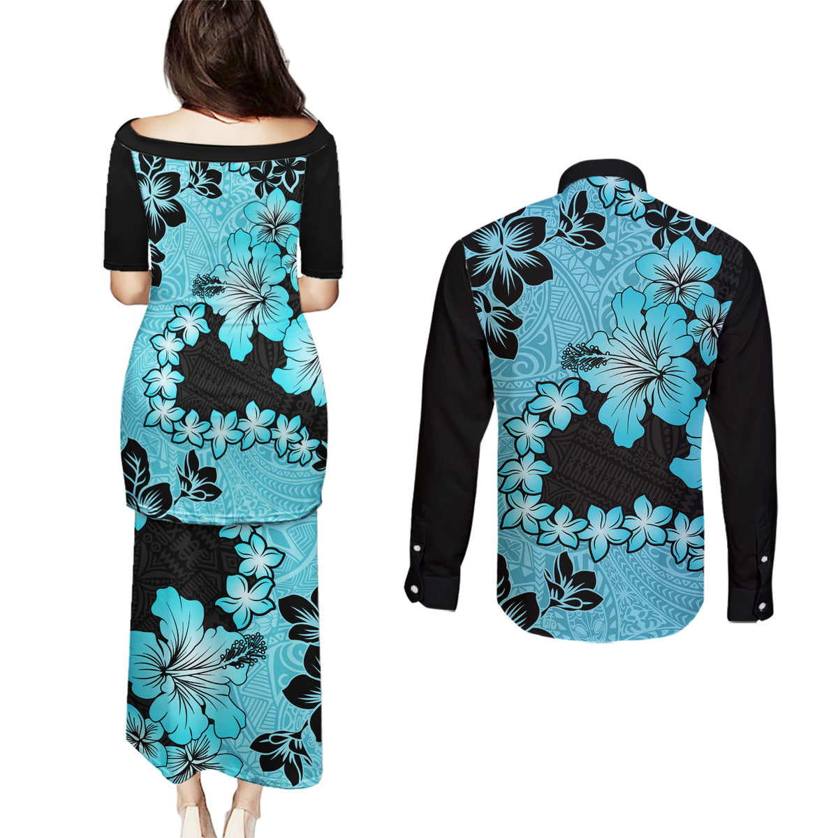 Blue Hawaii Couples Matching Puletasi Dress and Long Sleeve Button Shirt Tapa Cloth Mix Tropical Flowers Pastel Vibes LT14 - Polynesian Pride