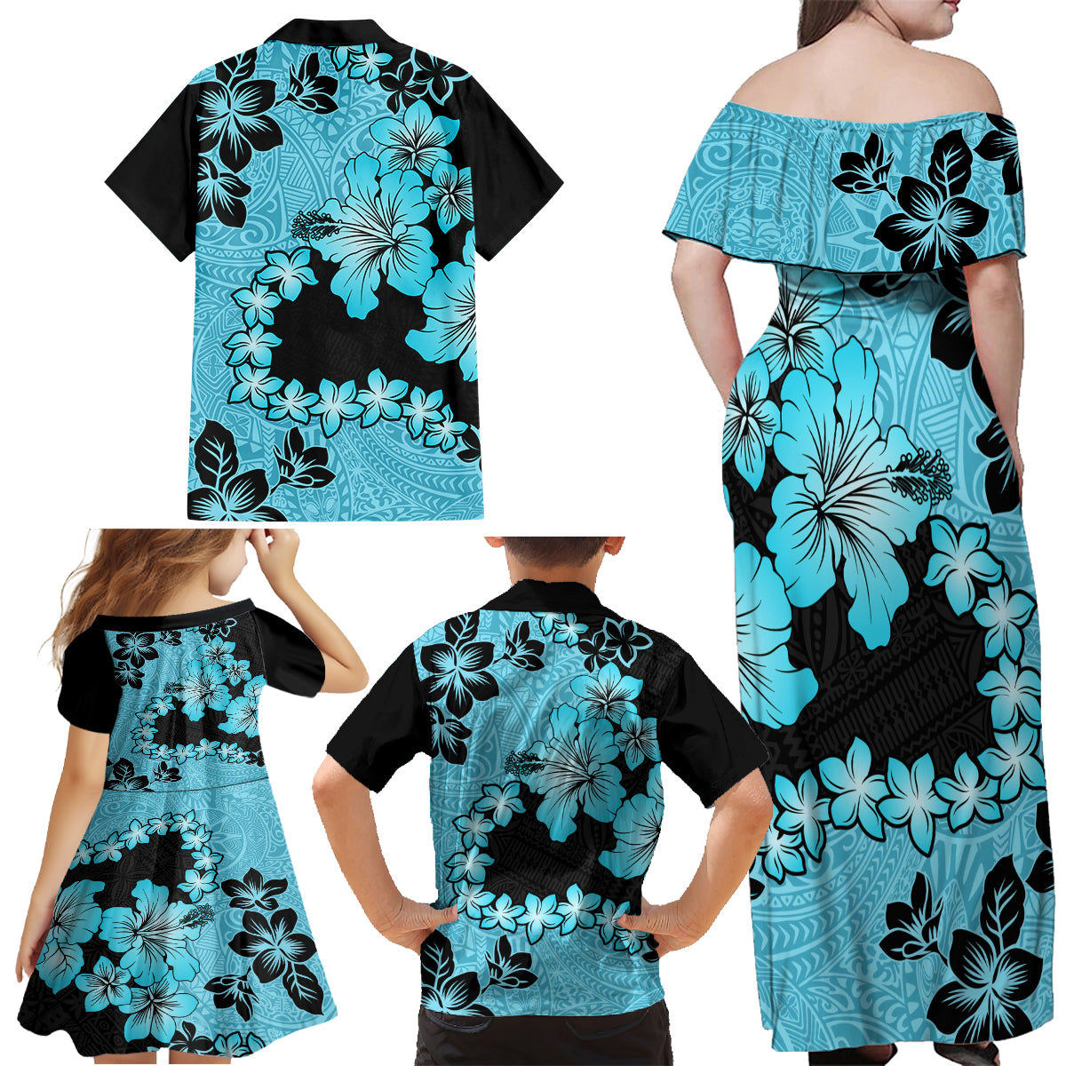 Blue Hawaii Family Matching Off Shoulder Maxi Dress and Hawaiian Shirt Tapa Cloth Mix Tropical Flowers Pastel Vibes LT14 - Polynesian Pride