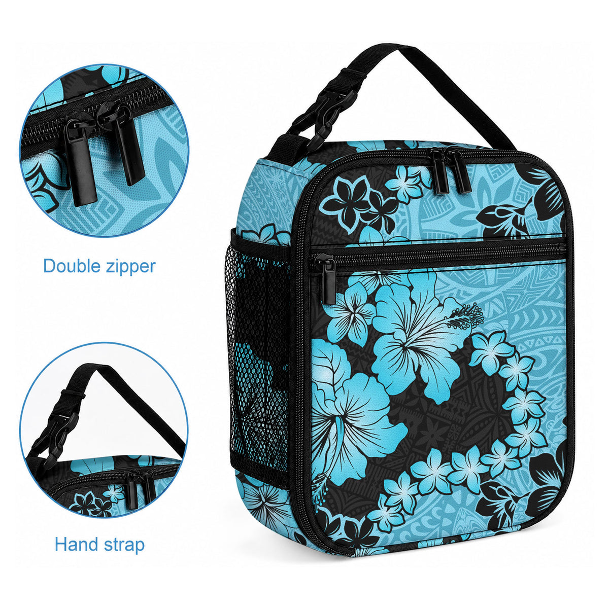 Blue Hawaii Lunch Bag Tapa Cloth Mix Tropical Flowers Pastel Vibes LT14 - Polynesian Pride