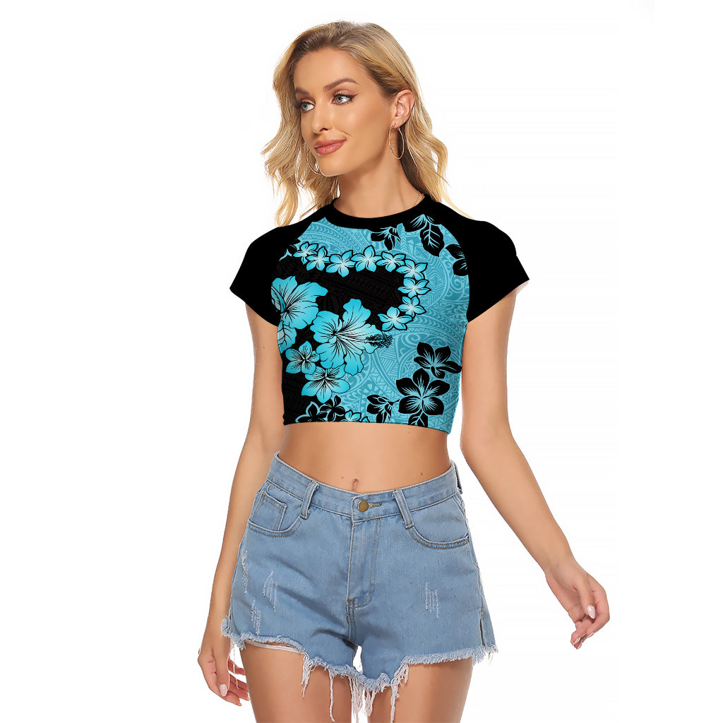 Blue Hawaii Raglan Cropped T Shirt Tapa Cloth Mix Tropical Flowers Pastel Vibes LT14 Female Blue - Polynesian Pride