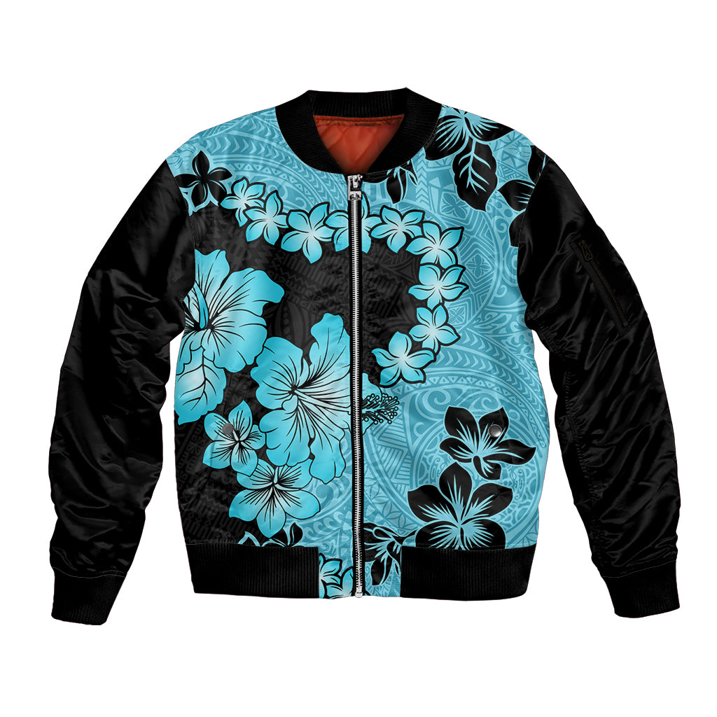 Blue Hawaii Sleeve Zip Bomber Jacket Tapa Cloth Mix Tropical Flowers Pastel Vibes LT14 Unisex Blue - Polynesian Pride