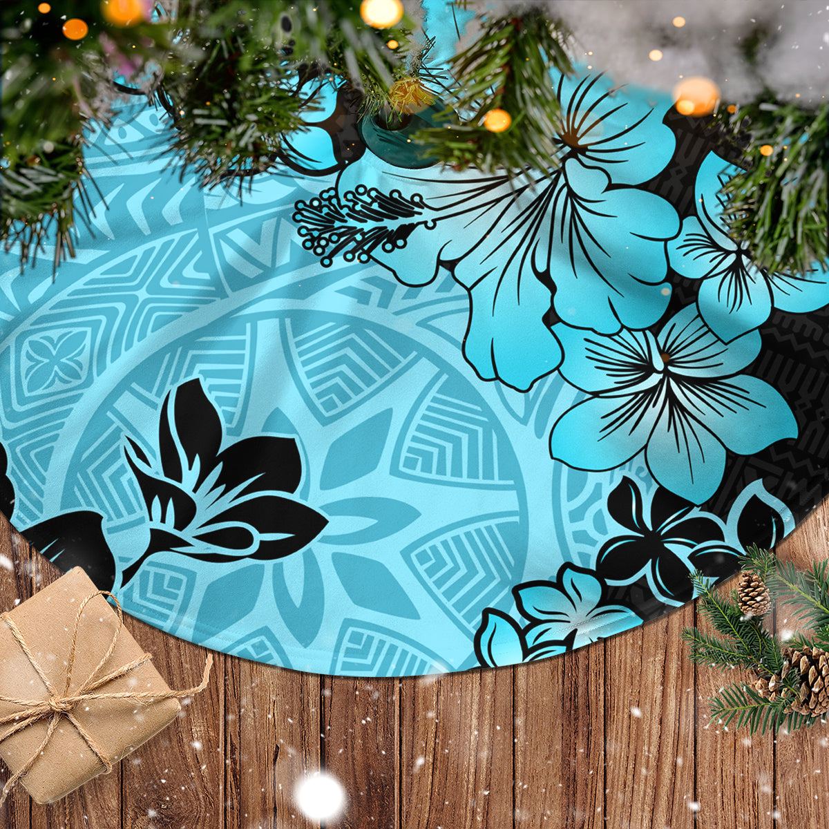 Blue Hawaii Tree Skirt Tapa Cloth Mix Tropical Flowers Pastel Vibes LT14 - Polynesian Pride
