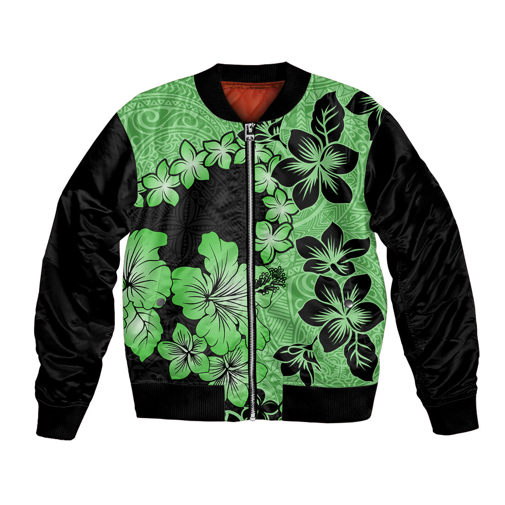 Green Hawaii Bomber Jacket Tapa Cloth Mix Tropical Flowers Pastel Vibes LT14 Unisex Green - Polynesian Pride