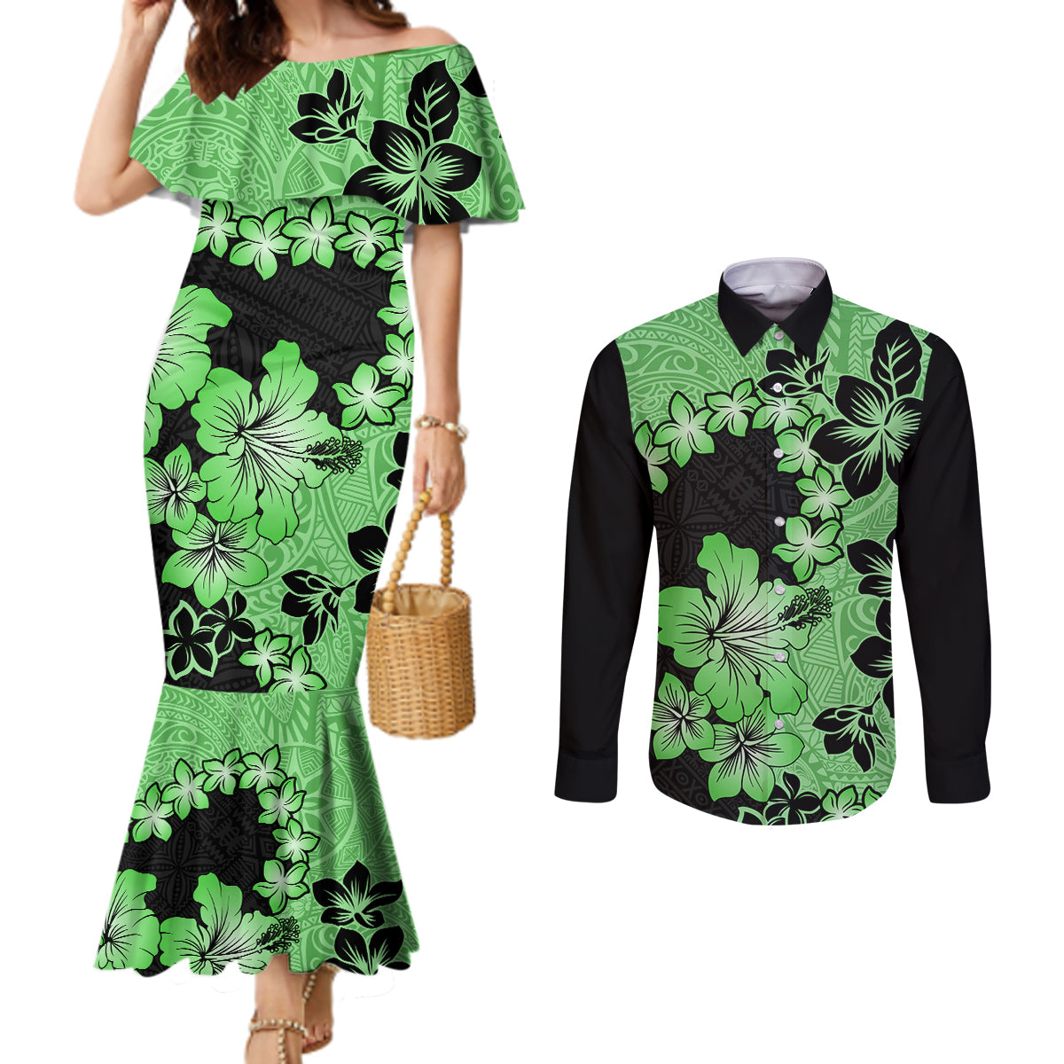 Green Hawaii Couples Matching Mermaid Dress and Long Sleeve Button Shirt Tapa Cloth Mix Tropical Flowers Pastel Vibes LT14 Green - Polynesian Pride