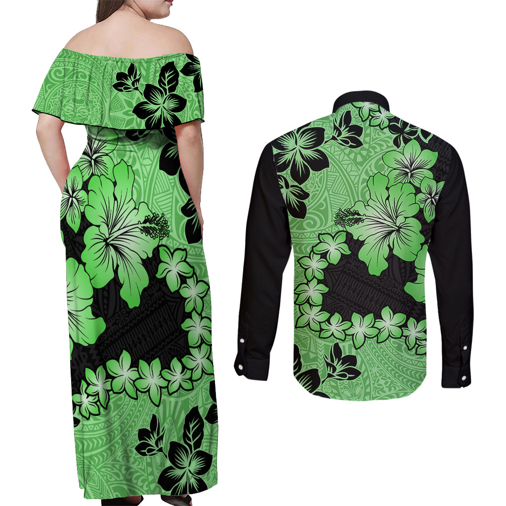 Green Hawaii Couples Matching Off Shoulder Maxi Dress and Long Sleeve Button Shirt Tapa Cloth Mix Tropical Flowers Pastel Vibes LT14 - Polynesian Pride