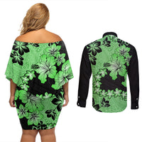 Green Hawaii Couples Matching Off Shoulder Short Dress and Long Sleeve Button Shirt Tapa Cloth Mix Tropical Flowers Pastel Vibes LT14 - Polynesian Pride
