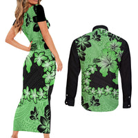 Green Hawaii Couples Matching Short Sleeve Bodycon Dress and Long Sleeve Button Shirt Tapa Cloth Mix Tropical Flowers Pastel Vibes LT14 - Polynesian Pride