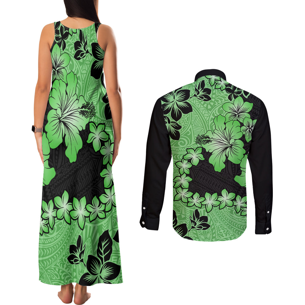 Green Hawaii Couples Matching Tank Maxi Dress and Long Sleeve Button Shirt Tapa Cloth Mix Tropical Flowers Pastel Vibes LT14 - Polynesian Pride