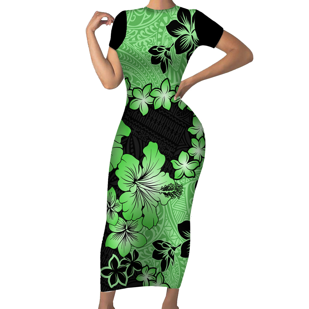Green Hawaii Family Matching Short Sleeve Bodycon Dress and Hawaiian Shirt Tapa Cloth Mix Tropical Flowers Pastel Vibes LT14 Mom's Dress Green - Polynesian Pride