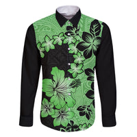 Green Hawaii Family Matching Tank Maxi Dress and Hawaiian Shirt Tapa Cloth Mix Tropical Flowers Pastel Vibes LT14 Dad's Shirt - Long Sleeve Green - Polynesian Pride
