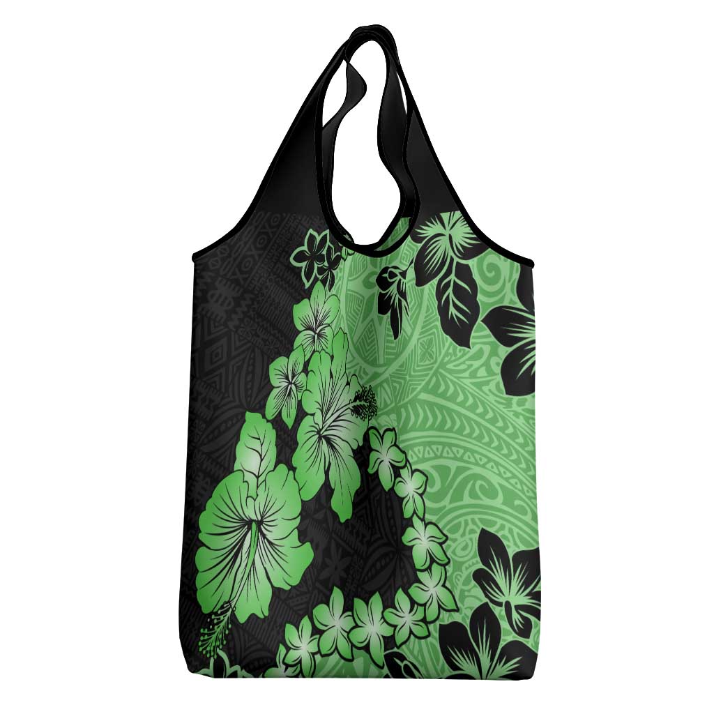Green Hawaii Grocery Bag Tapa Cloth Mix Tropical Flowers Pastel Vibes