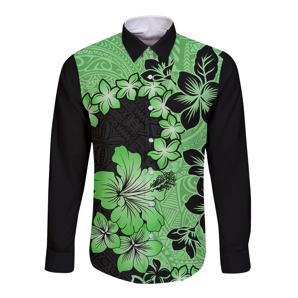 Green Hawaii Long Sleeve Button Shirt Tapa Cloth Mix Tropical Flowers Pastel Vibes LT14 Unisex Green - Polynesian Pride