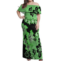 Green Hawaii Off Shoulder Maxi Dress Tapa Cloth Mix Tropical Flowers Pastel Vibes LT14 Women Green - Polynesian Pride