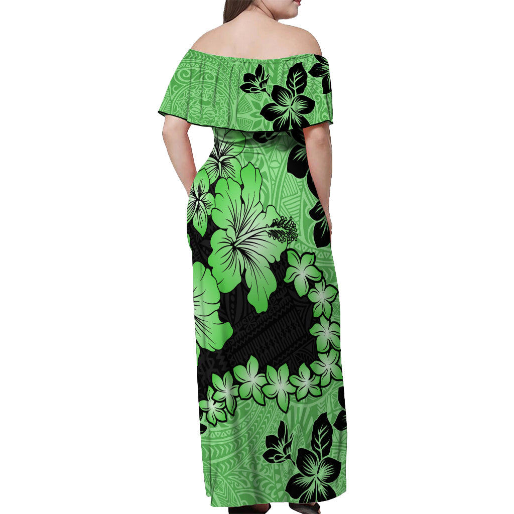 Green Hawaii Off Shoulder Maxi Dress Tapa Cloth Mix Tropical Flowers Pastel Vibes LT14 - Polynesian Pride